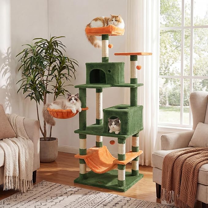 DORTALA Cat Tree for Indoor Cats, 66" Tall Cat Tower with 2 Condos, Sisal Scratching Posts, Plush Perch, Hammock, Dangling Balls, Multi-Level Pet Climbing Furniture Activity Center (Green+Orange)