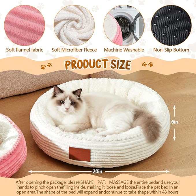 2 Pack Cat Beds for Indoor Cats 20 Inches Washable Round Donut Pet Bed Cushion Self Warming for Cats, Small Dogs, Puppy, and Kitten(Pink, White)