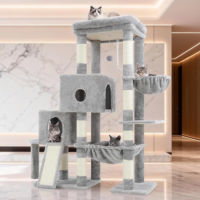 Hey-brother Cat Tree Tower, Scratching Posts with Big Platform, 2 Condos, Spacious Hammock, Cozy Basket, Sisal Board for Indoor Large Adults, 50 Inches Progressive Climbing House, Light Gray MPJ071W