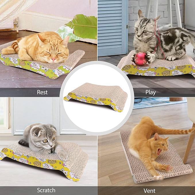PrimePets Cat Scratcher Lounge 2-Pack, Reversible S-Shaped Corrugated Cardboard Cat Scratch Pad, Durable Cat Bed for Indoor Kittens & Small Cats, Includes Catnip, 17 x 8.5 Inches