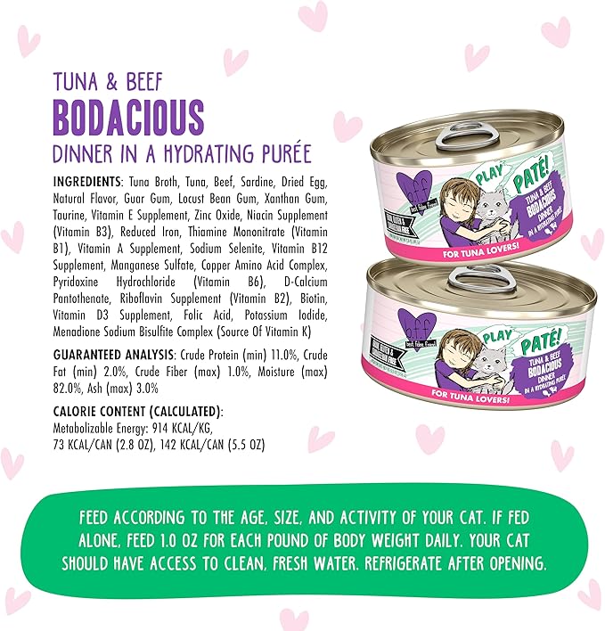 Weruva B.F.F. Play - Best Feline Friend Paté Lovers, Aw Yeah!, Tuna & Beef Bodacious with Tuna & Beef, 2.8oz Can (Pack of 12)