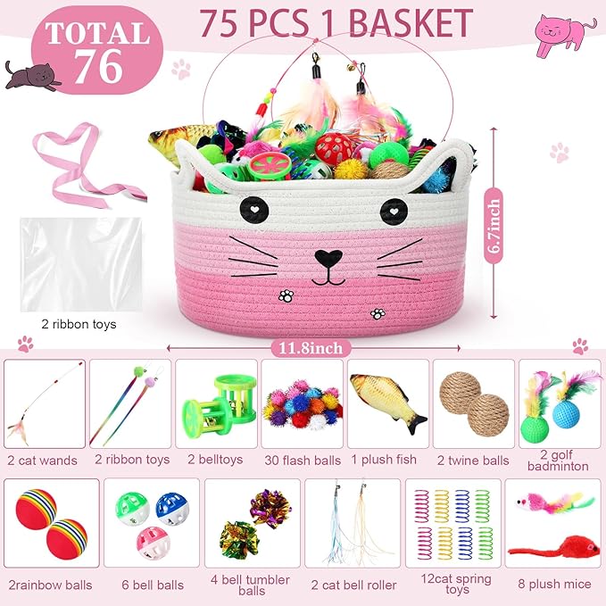 Zopeal 76 Pcs Graduation Cat Storage Basket Gift Toys Set Interactive Cat Toys Kitten Wand Colorful Flashing Balls Pet Crinkle Balls Attract Kitten to Swat, Hunt for Pet Indoor(Pink)