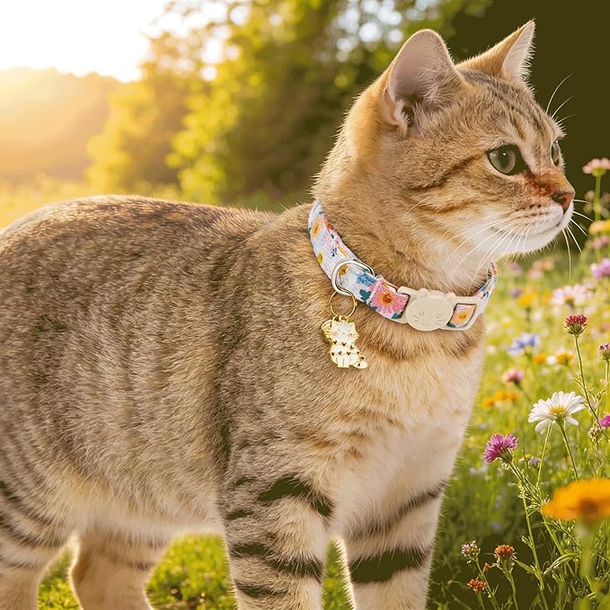 Elegant little tail 2 Pack Cat Collar- Spring Print Cotton Breakaway Cat Collars with Bell Pendant Kitten for Girl Safety Adjustable Collar for Small Cats Puppy