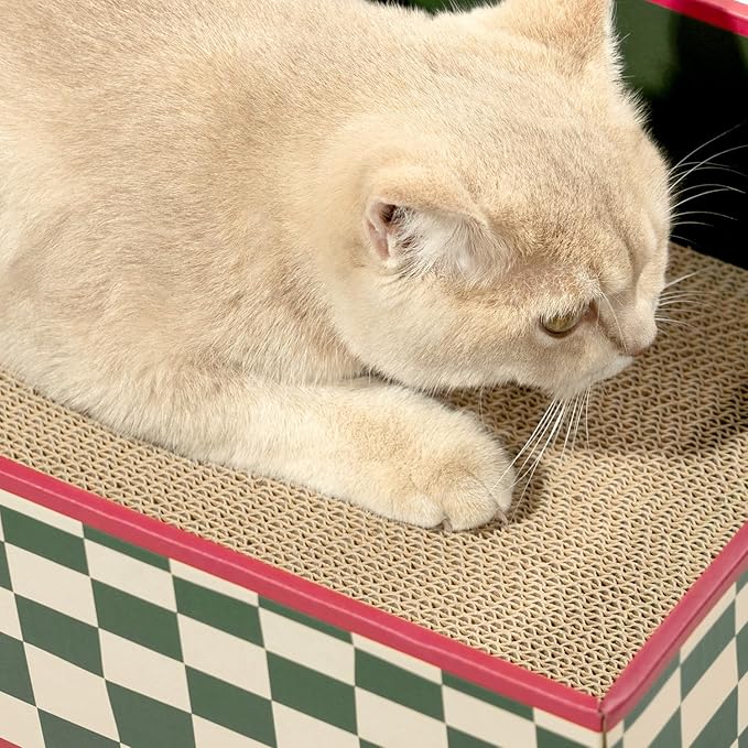 Conlun Cat Scratcher Box with 3-Layer Corrugated Pad, Heavy-Duty Double-Sided Cardboard Scratching Board & Bed, Checkered Design, for Cats, Large