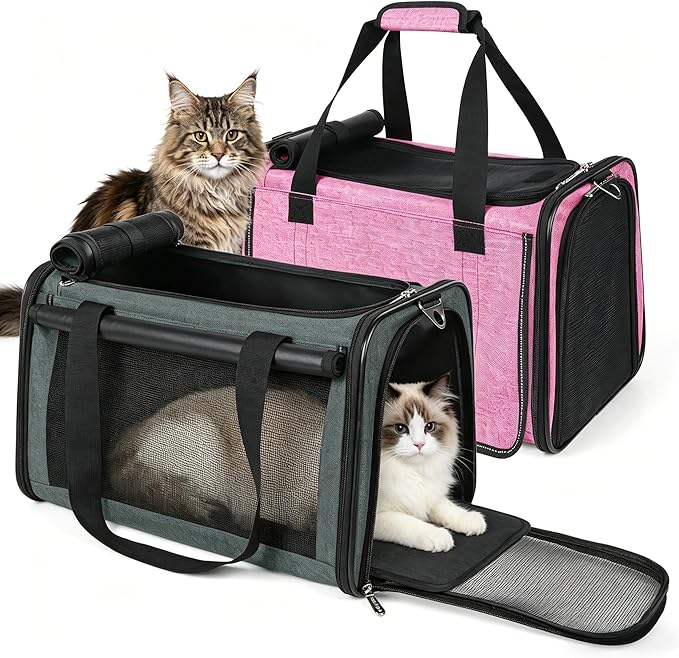 YUDODO 2 Packs 25 lbs Lightproof Soft Sided Cat Carrier for Large Cat & Small Dog Airline Approved Travel Puppy Carriers with Side Pockets & Reflective Mesh, Foldable Portable for Car Grey Green+Pink
