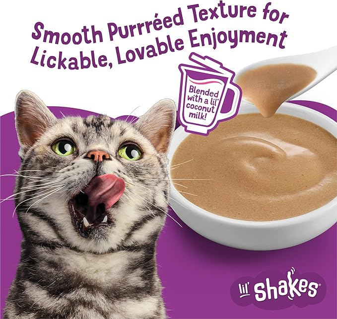Friskies Purina Pureed Cat Food Topper,Lil’ Shakes with Scrumptious Salmon Lickable Cat Treats - 1.55 oz. Pouches,(Pack of 32)