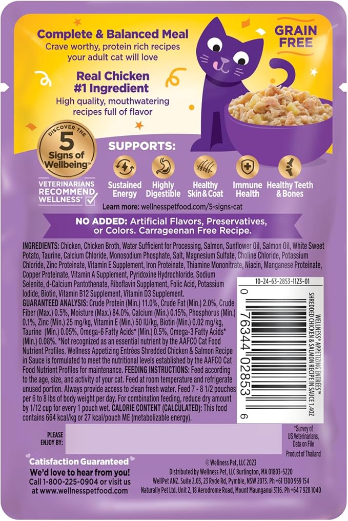 Wellness Appetizing Entrées Shredded Adult Wet Cat Food, Natural, Protein Rich, Grain Free, Chicken and Salmon Recipe, 1.4 oz, Pack of 8 Pouches