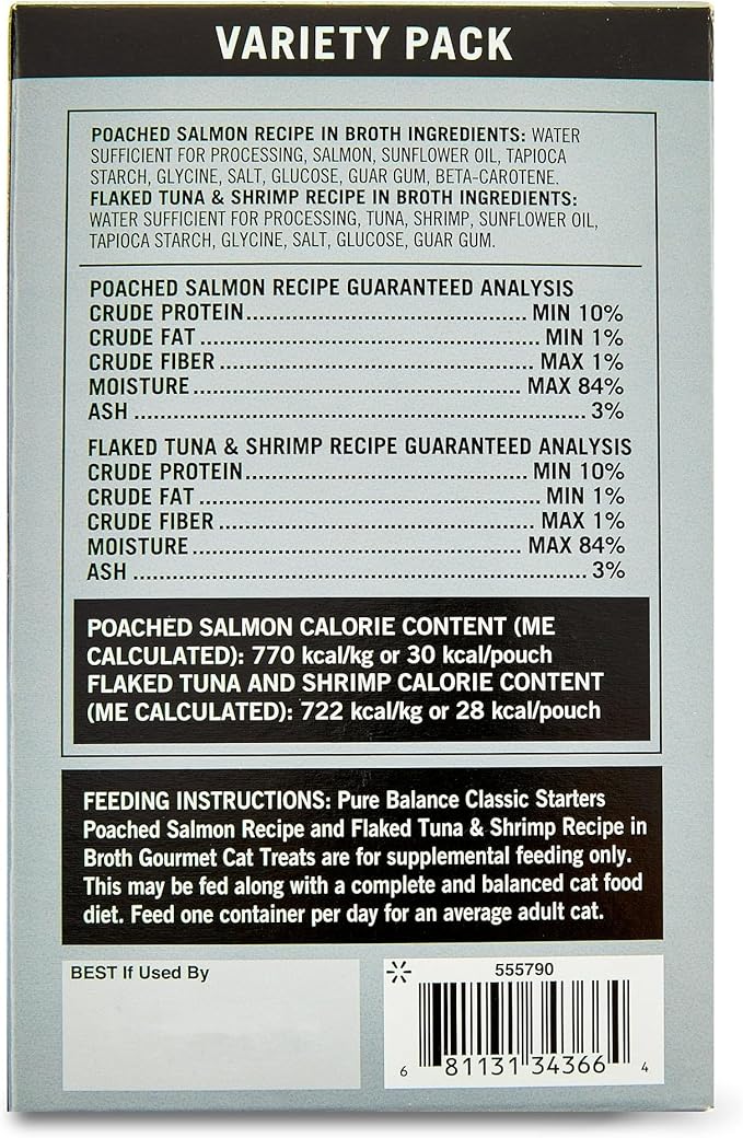 Pure Balance Gourmet Cat Treat Starters, Salmon, Tuna & Shrimp Variety Pack, Wet Cat Treat Topper, High Protein, 5 Count, 1.4 oz Pouches (4-Pack)