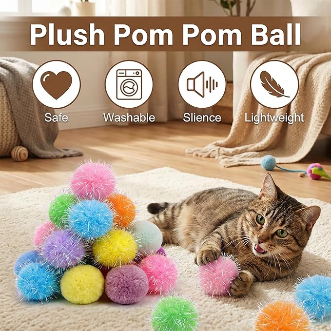 Larrel Glitter Fuzzy Balls for Cats, 16 Pcs Cat Pom Pom Balls Interactive Kitten Toys, Multicolor Soft Cat Ball Toys for Indoor Cats Playing Exercising or Craft DIY Creative Crafts Decorations