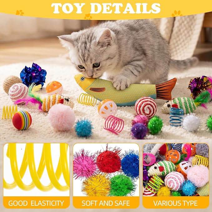 Leitee Sunmmer Cat Bed Storage Basket with 40 Pcs Cat Variety Toys Pack Set Includes Pillows, Spring Toy, Fish, Chew Rope and Balls for Kitten Kitty Swat Hunt Interactive Pet(White,Grey)