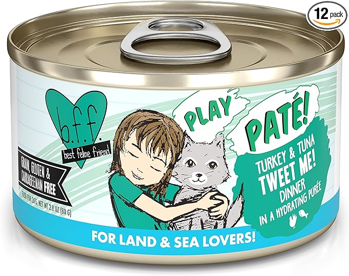 Weruva B.F.F. Play - Best Feline Friend Paté Lovers, Aw Yeah!, Turkey & Tuna Tweet Me! with Turkey & Tuna, 2.8oz Can (Pack of 12)