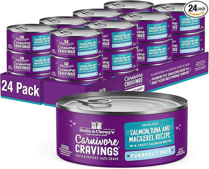 Stella & Chewy's Carnivore Cravings Purrfect Paté - Premium Grain-Free Wet Cat Food - Salmon, Tuna & Mackerel Recipe - High Protein with Bone Broth - Perfect for Picky Eaters - 2.8oz Cans (24 Pack)