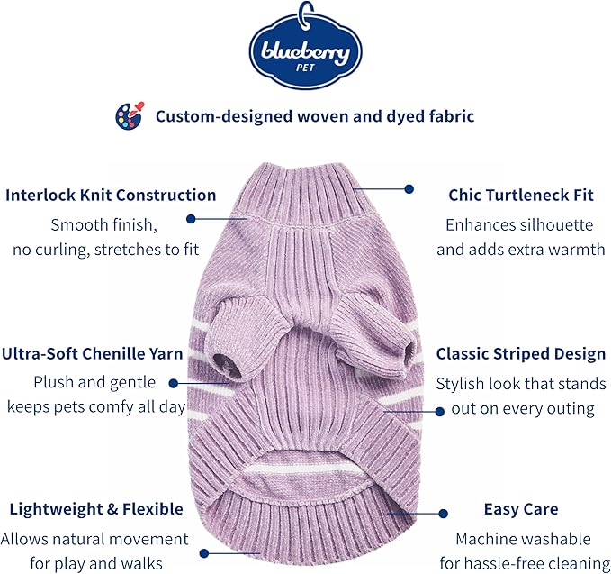 Blueberry Pet Cozy Soft Chenille Classy Striped Dog Sweater in Lavender Frost, Back Length 18", Pack of 1 Clothes for Dogs