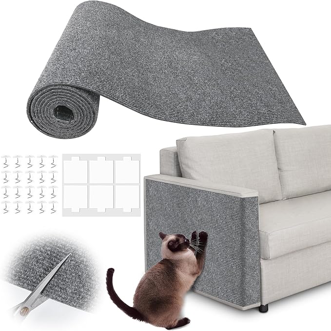 Cat Scratch Furniture Protector - 138" x 17" Trimmable Self-Adhesive Cats Claws Scratch Pads, DIY Cat Climbing Couch Protector for Scratch Post Cat Tree Replacement Indoor (Light Gray)