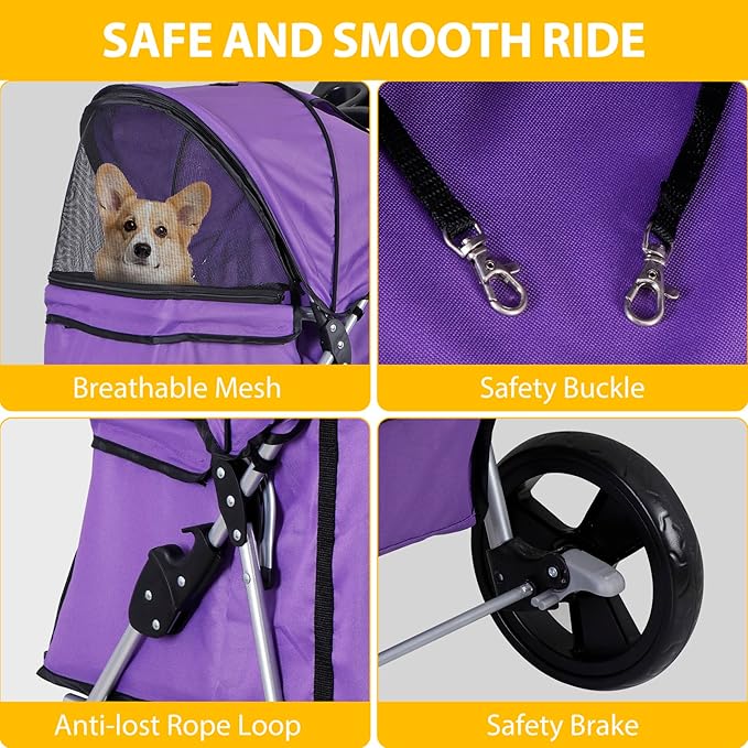4 Wheels Foldable Pet Dog Cat Jogger Stroller Travel Carrier Strolling Cart w/Waterproof Cover Storage Basket Cup Holder & Removable Liner for Medium Small Cat Dog, Purple