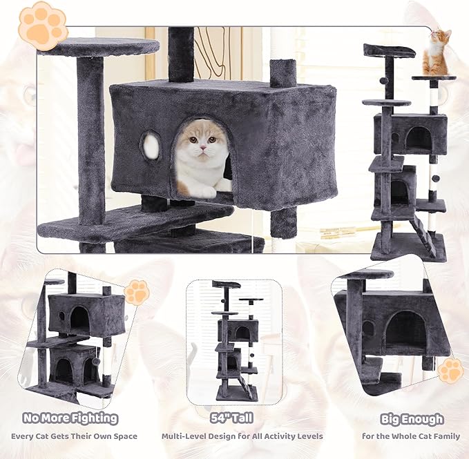 Large 54-Inch Cat Tree with Tower Condo - Cat Tower with Wrapped Sisal Scratching Post, Multiple Platforms, Hanging Baskets & Dangling Toy - Plush Cat Furniture for Indoor Cats - Light Gray