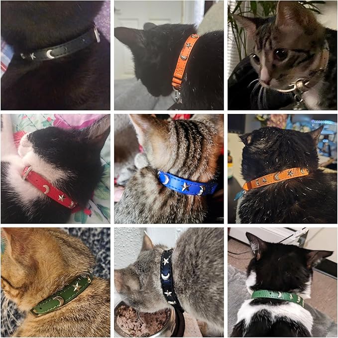 Leather Cat Collars for Boy Girl Cats with Bell and Safety Elastic Belt, Personalized Star and Moon Stud Adjustable Safe Buckle Collar for Kitty Small Big Cats Size 7-9 Inch, Silver Grey