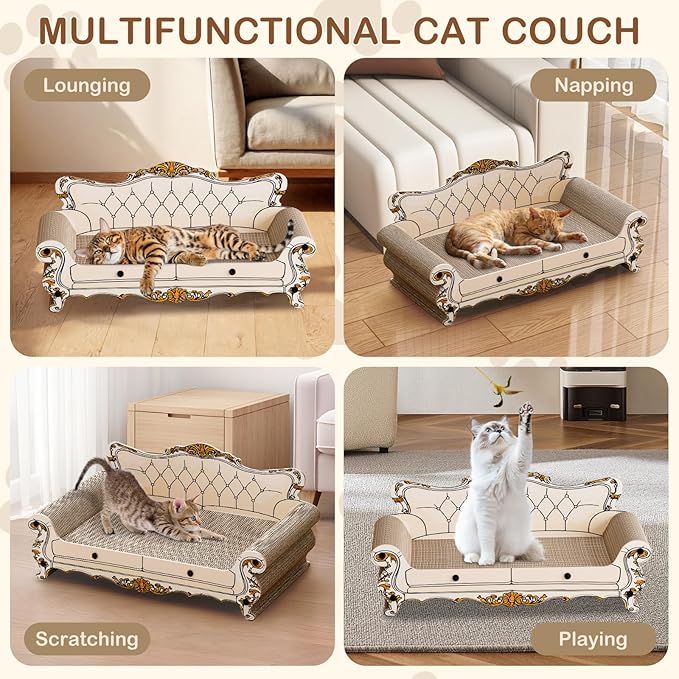 Cat Scratcher Bed,23.6 Inch Sofa-Shaped Cat Scratcher Couch, Large Luxury Durable Cardboard Sofa Scratcher Pad Furniture Protector for Indoor Cats Scrach,Rest and Play,Beige