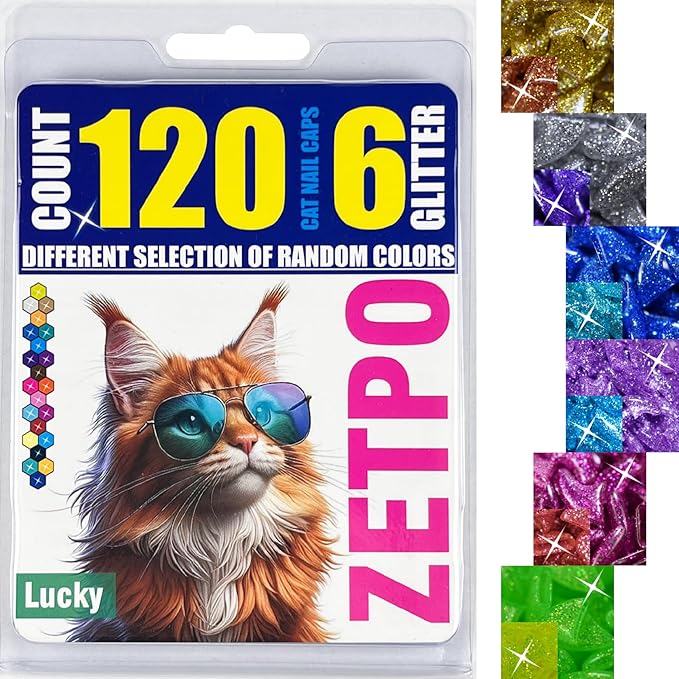 zetpo Glitter Cat Nail Caps | Cat Claw Covers | with Adhesives and Applicators (6X Glitter | 120 pcs, L)