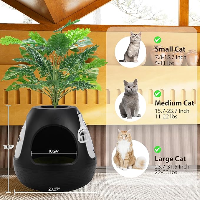 COZIWOW Eggloa6 Plant Litter Box, Hidden Cat Litter Box with Artificial Plants, DIY Litter Box Furniture, (Black, Basic)