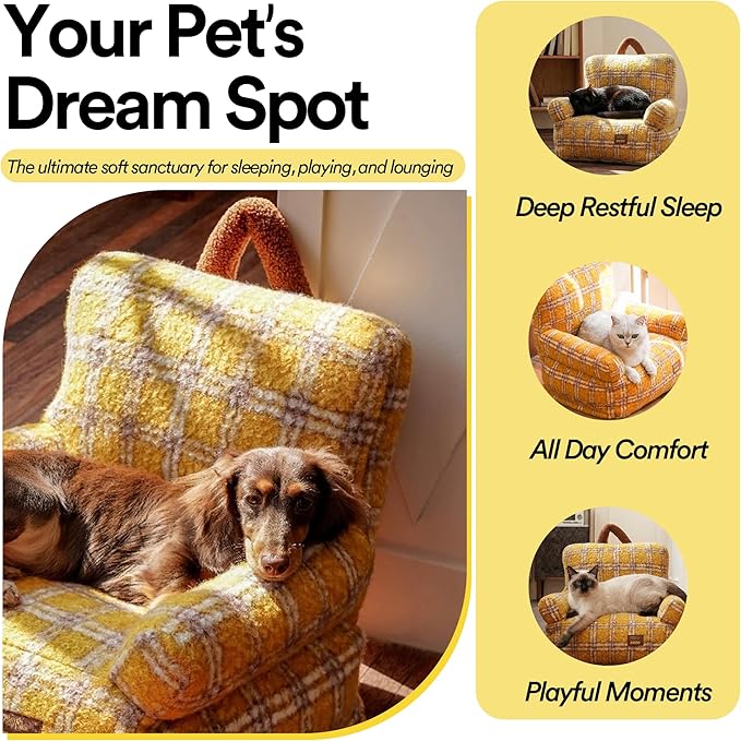 ZEZE Vintage Furniture Style Sofa Pet Bed - Washable Plush Dog & Cat Couch, Retro Style Pet Furniture, Soft Cozy Support for Pets (Small, Plaid)
