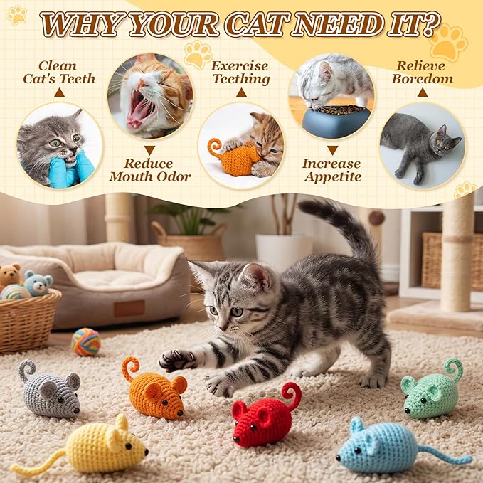 Outus 10 Pcs 3.5inch Crochet Mice Cat Toys Bulk Interactive Cat Mouse Toys Knitted Chew Animals Toy for Indoor Cats Kittens Cleaning Teething Kicker Chasing and Batting