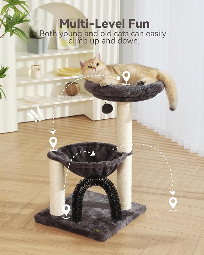 FluffyDream Cat Tree Tower for Indoor Cats, 27.8 Inches Multi-Level Cat Tree with Scratching Posts Plush Basket & Perch for Play Rest, Cat Activity Tree with Dangling Ball for Kittens/Small Cats