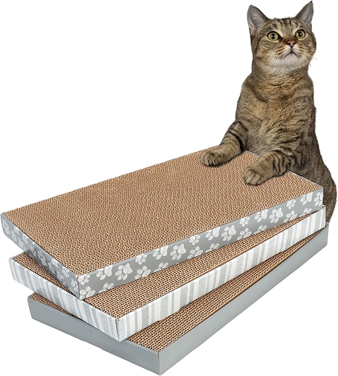 Kitty City Cat Scratcher– 3-Pack Durable Corrugated Cardboard Scratch Pads with Catnip – Double-Sided for Longer Use, Cat Claw Maintenance & Furniture Protection - Size: 10" x 18" - Grey & White