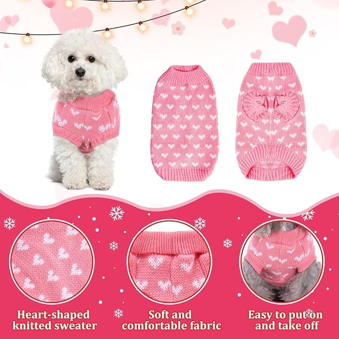 Heart Knit Pet Sweater, Warm Pullover Winter Clothes for Small and Medium Dogs Cats, Soft Puppy Outfit for Cold Weather, Christmas, Valentine's Day (Pink, M (Fit 6–7 lbs, Chest 12–13", Neck 9–10"))