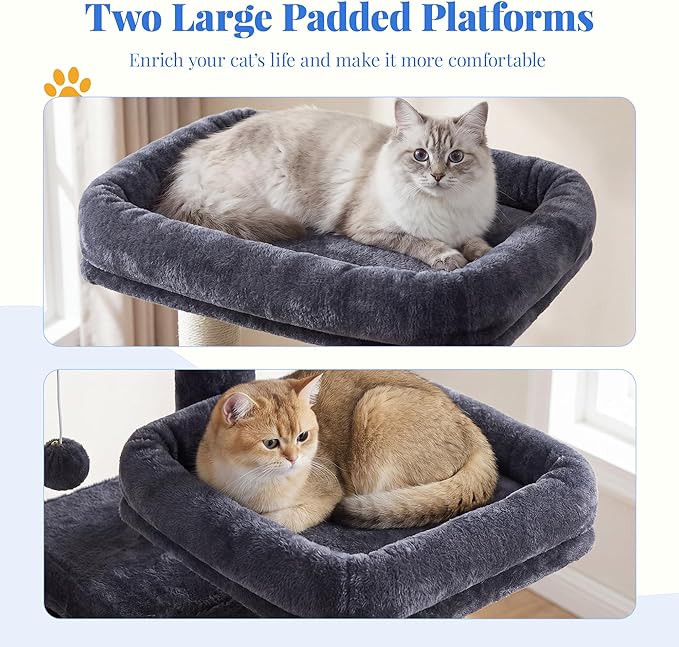 Hey-brother Cat Tree, 74 inches Multi-Level XL Large Cat Tower for Indoor Cats with Three Cat Condos, Two Large Top Decks and Cat Hairbrushfor Kittens, Cats and Pets, Smoky Gray MPJ035-MG