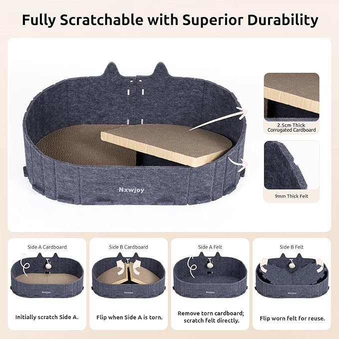 Cat Scratcher Bed for Indoor Cats 24.2 Inch Large Cardboard Cat Scratch Couch Felt Bed Cat Scratch Pad for Cat Scratching Post Board Scratchers Lounge House with Bell Ball Toys