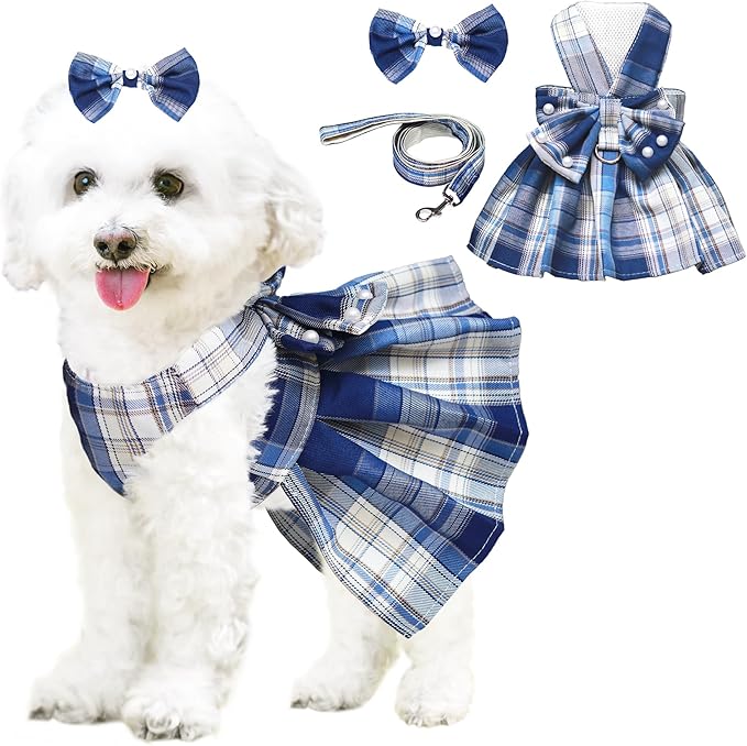 Dog Dress Bowknot Harness Leash Set for Small Dogs Girl Cute Plaid Dog Dress Pearls Bow Tie Spring Summer Princess Clothes Birthday Holiday Doggie Outfits for Puppy Cats Girl Apparel (Blue, X-Large)