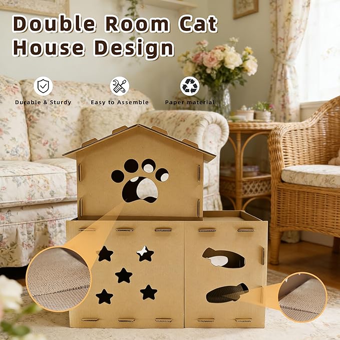 Cardboard Cat Scratcher House, Modular Cat Condo - 25" Large 2-in-1 Double Layer Cat Play Villa with Built-in Scratching Surface for Indoor Cats - Final Clearance, Limited Stock Left!