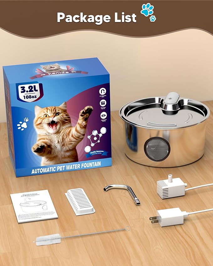 Stainless Steel Cat Water Fountain: Tomxcute 3.2L/108oz Cat Fountain for Drinking, Pet Water Fountain for Cats Inside with Multi-Filter-Water Level Window