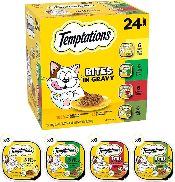 Temptations Bites in Gravy Adult Wet Cat Food Tasty Chicken Entree, Seafood Medley, Backyard Cookout, and Catnip Fever, 3.5 oz. Trays (24 Count, Pack of 1)