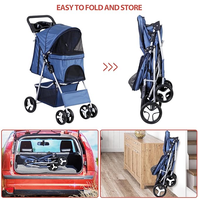 4 Wheels Foldable Pet Dog Cat Jogger Stroller Travel Carrier Strolling Cart w/Waterproof Cover Storage Basket Cup Holder & Removable Liner for Medium Small Cat Dog, Navy Blue
