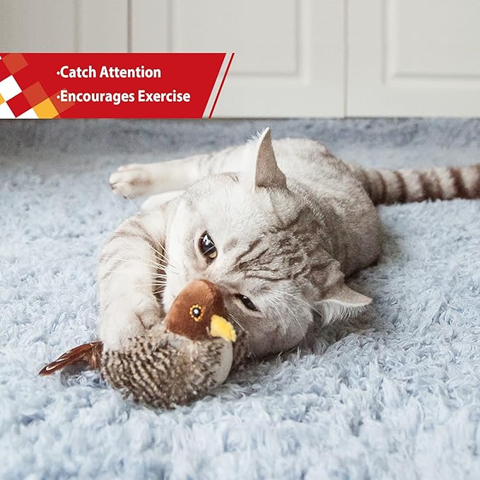 GiGwi Interactive Cat Toys Squeaky, Stimulated Chirping Bird Toy Making Noise,Automatic Chirp Bird Cat Toy with Feather Tail, Melody Chaser Play and Squeak Kitten Toy for Boredom