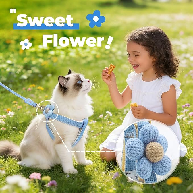 PETCARE Cute Cat Harness and Leash Set, Blue Flower Cat Walking Harness with Bow Tie Cats Leash, Easy Walk Lightweight Step in Cats Harnesses with Buckle (Chest Adjustable 9"-14", Rope Width 0.39")