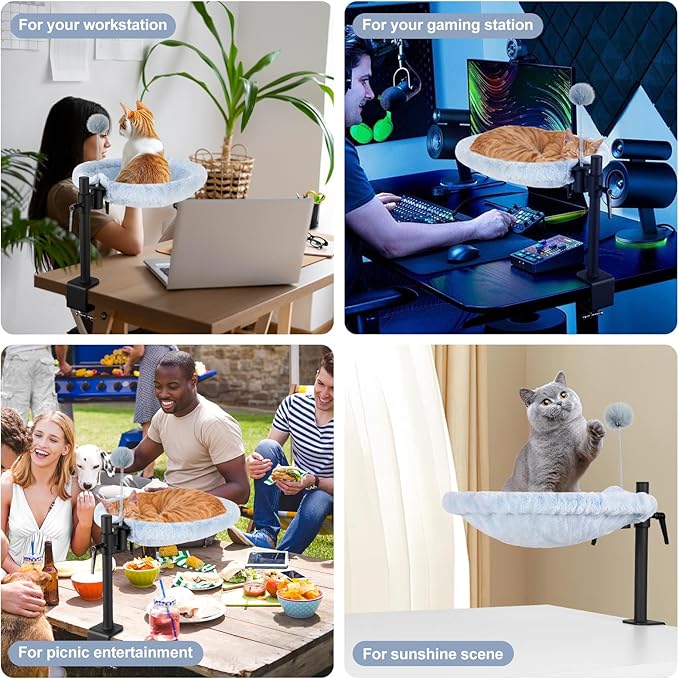 Odoland Cat Desk Bed, 360° Rotatable Adjustable Height Cat Hammock Bed for Home Office, Comfortable Soft Desk Kitten Nest with 2 Washable Fabrics for All Seasons