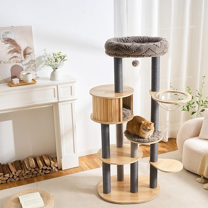 797Audio Wood Modern Cat Tree, 65" Cat Tower with Sisal Scratching Posts, Cat Condo, Capsule and Bed, Solid Wooden Aesthetic Multi-Level Cat Climbing Tree for Large Adult Indoor Maine Coon Cats-Gray