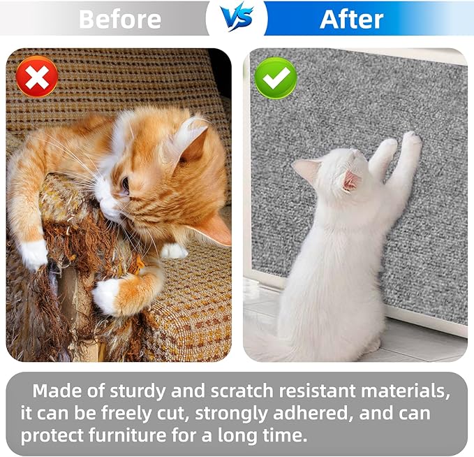 Cat Scratch Furniture Protector, Trimmable Self-Adhesive Cat Scratch Pad, 78.7"x11.8" Carpet Cover for Couch, Sofa, Walls, Furniture Cat Scratcher Board, Anti Scratch Pad for Cat Claws (Gray)