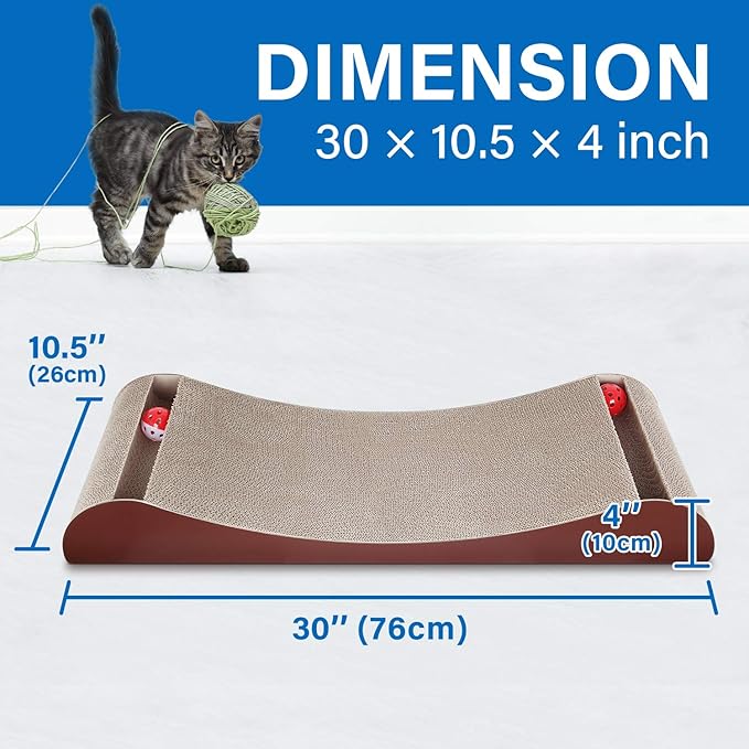 Simple Delxue 30 Inches Extra Large Cardboard Cat Scratcher Bed, Cat Lounge Bed with Bell Ball Toy，100% Recyclable & Reversible Durable Cardboard Scratching Board for Indoor Cats