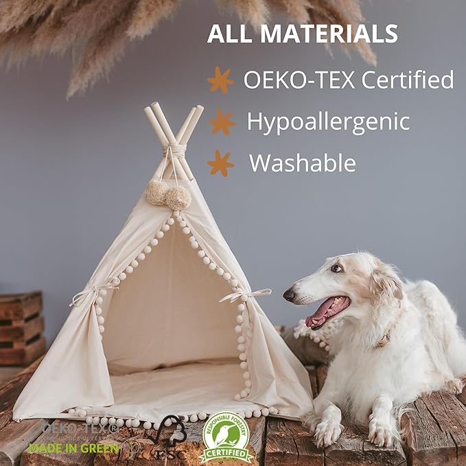 MINICAMP Pet Teepee Bed for Dogs and Cats – Cozy Indoor Dog Tent with Natural Cotton– Luxury Pet House & Hideaway Bed for Small to Large Dogs, Cats & Small Animals - Made in EU (Large)