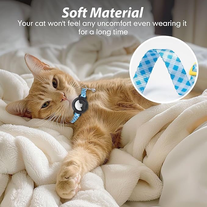 azuza AirTag Cat Collar Breakaway, Integrated Cat Collar with Air Tag Holder Safety Lightweight GPS Tracker Holder for Cats, Blue Plaid, Cats (9"-13")