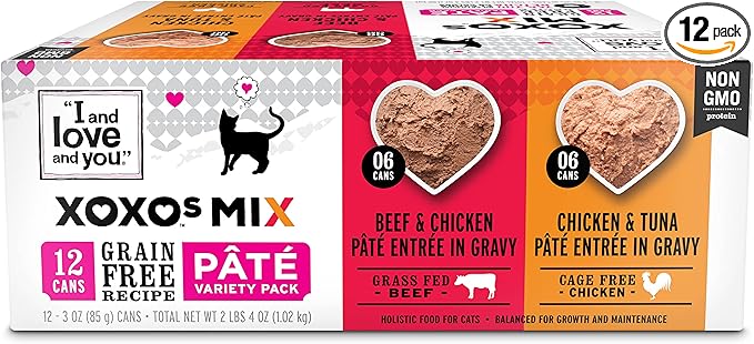 I AND LOVE AND YOU XOXOs Wet Cat Food - Chicken + Beef Pâté Variety Pack - Grain Free, Filler Free, 3oz Pack of 12 Cans