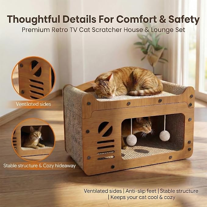 2-in-1 Cat Scratcher House, Retro TV Shaped Cat Condo with Sofa Top, Durable Cardboard Cat Scratching Board for Indoor Cats, Light Oak Style, 22x12x12in