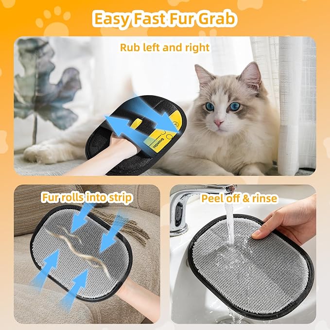 Large Pet Hair Removal Glove 2 Pack – Electrostatic Reusable Pet Hair Remover Glove for Dogs & Cats, Soft for Pet Grooming, Pet Hair Remover Tool for Bed, Sofa, Carpet, Car Seat (Black)