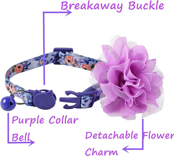 BoomBone Floral Cat Collar with Removable Purple Flower Charm,Breakaway Small Dog Collar with Bell