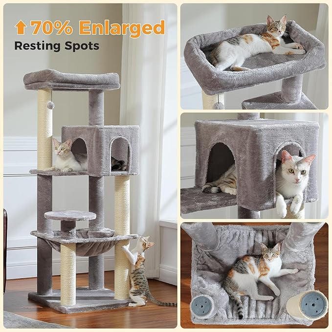 MUTTROS Large Cat Tree for Indoor Cats Large Adult, 57.8" Heavy Duty Cat Tower with Reinforced Scratching Posts (φ3.2in) and Plush Larger Hammock for Maine Coon & Big Cats, Supports 30lbs, Grey