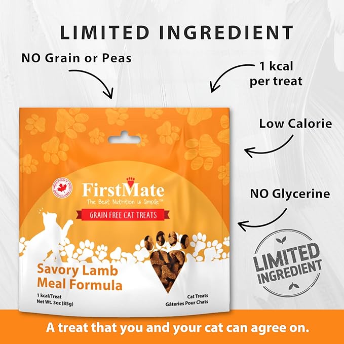 FirstMate Savory Lamb Formula Cat Treats – Grain Free, High Protein, Limited Ingredient, Low Calorie Training Reward – 3 oz Bag